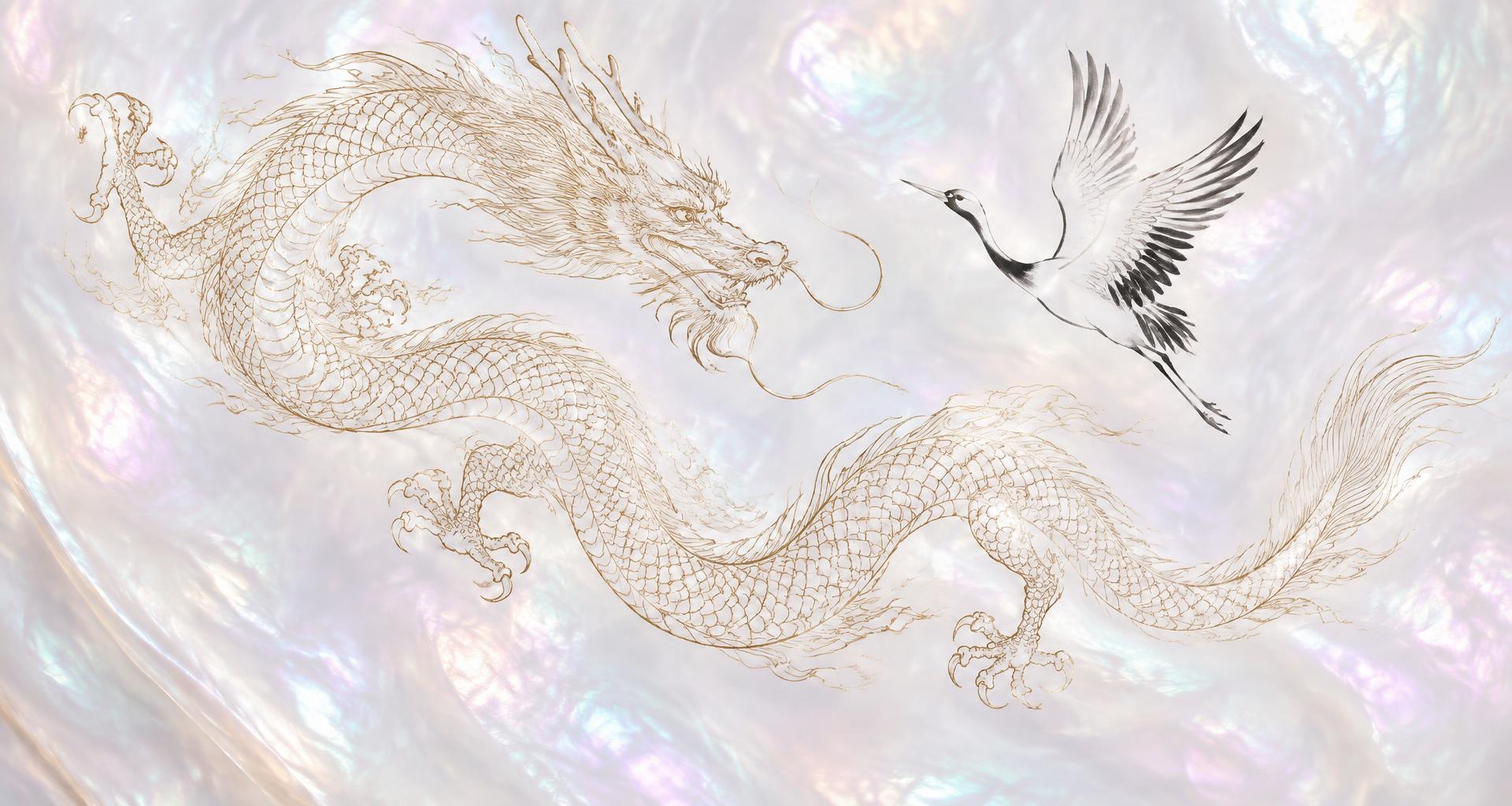 antique-gold dragon winding through mist above a crane and a quiet mountain lake