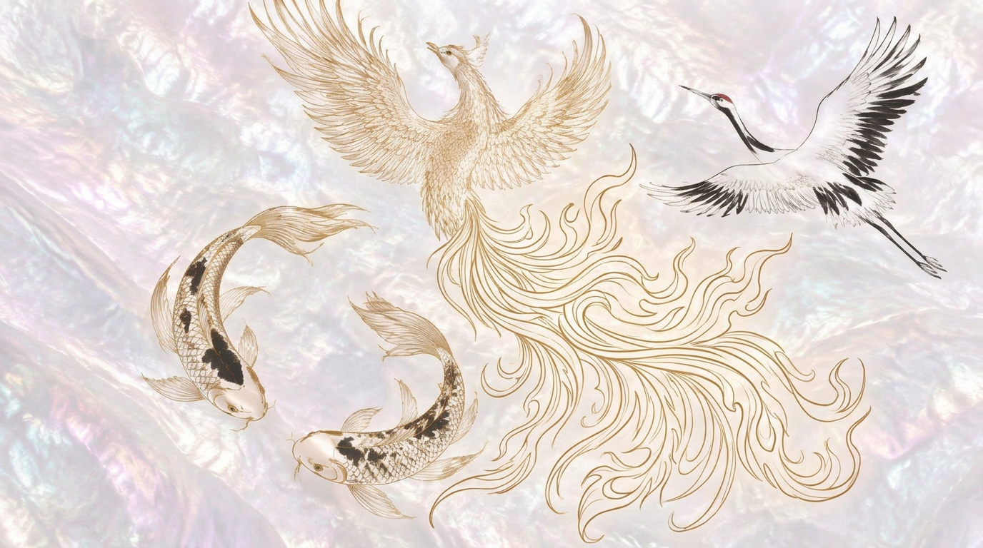 gold-outlined phoenix, carp, and crane in a luminous mountain landscape