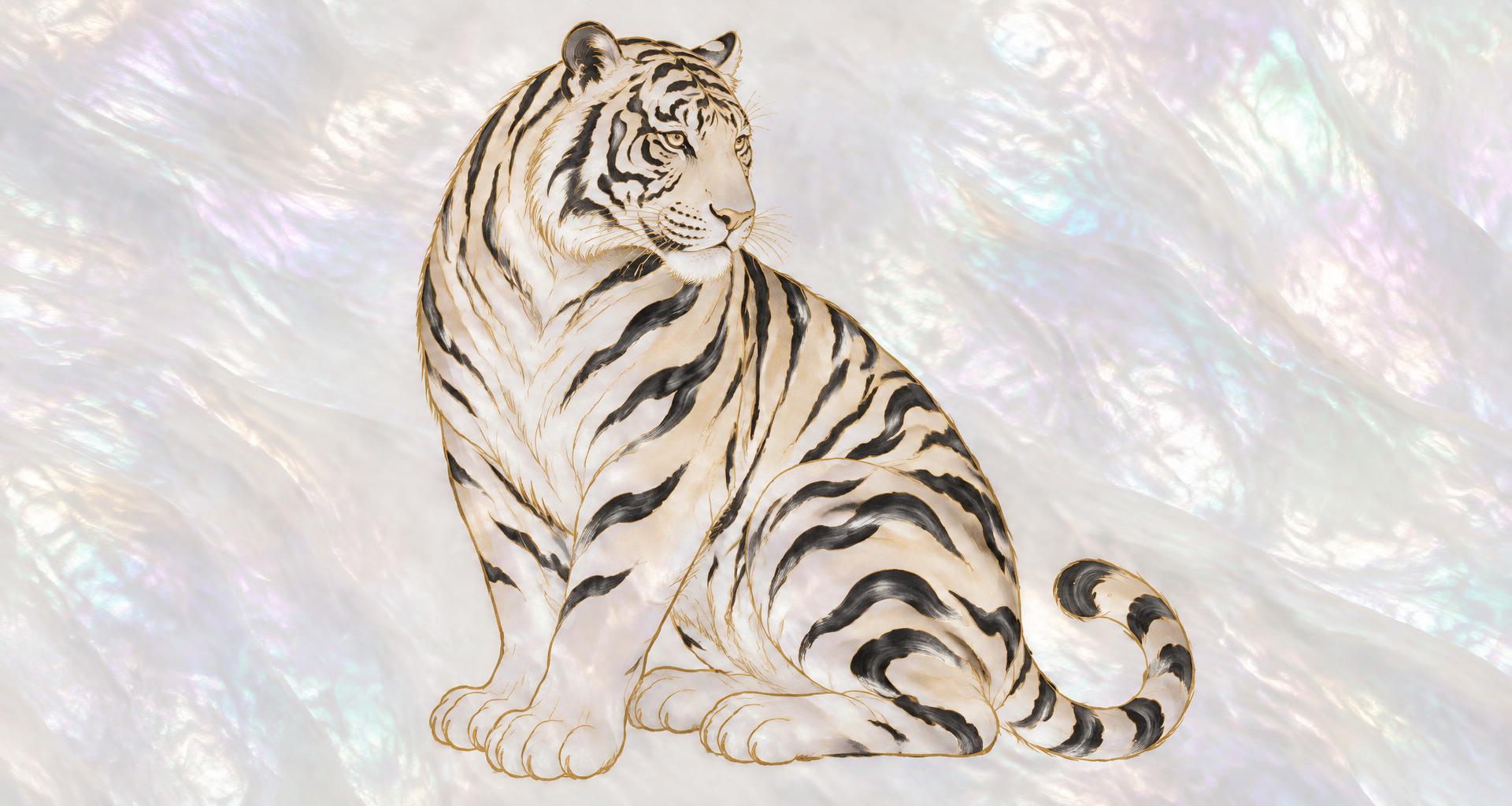 a watchful korean tiger painted in black ink among mist-covered mountains